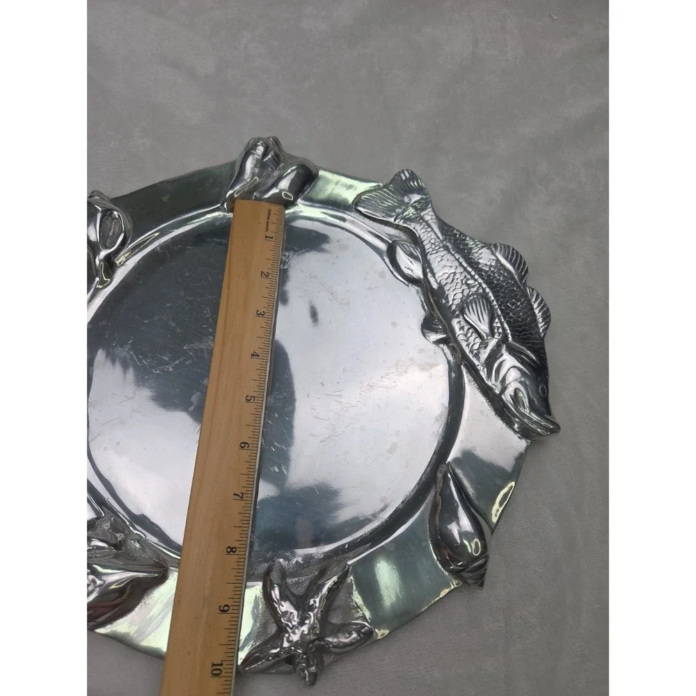 Decorative Tray Fish Starfish Shell Aluminum Silver Serving Platter Plate 13